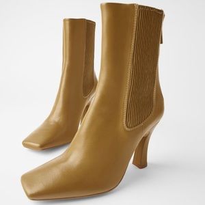ZARA HIGH HEELED LEATHER ANKLE BOOTS BRAND NEW WITH TAGS KHAKI EUR 37 US 6.5